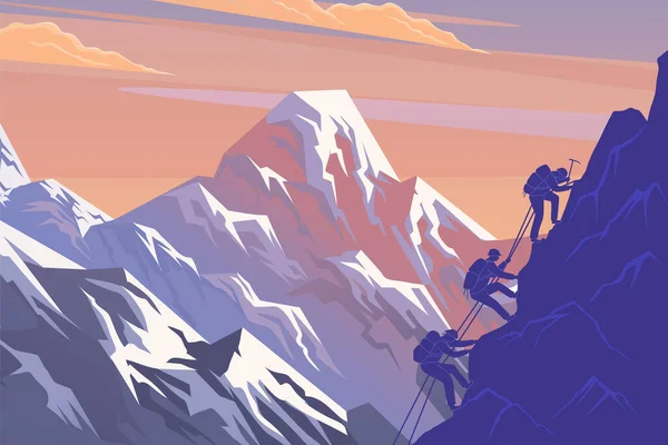 Scalare la montagna. Silhouette persone in viaggio. Illustrazione vettoriale squadra di trekking e arrampicata — Vettoriale Stock