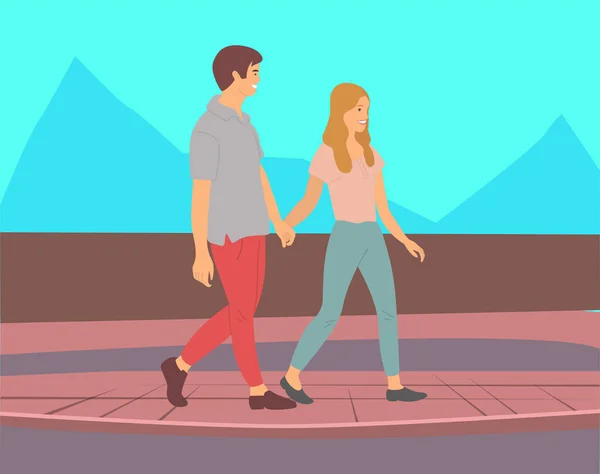 一对夫妇在公园里散步。小伙子和姑娘牵着手走在夏日小巷里，浪漫的散步 — 图库矢量图片