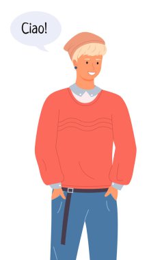 Avrupalı bir adamın portresi. Kotlu ve şapkalı gülümseyen İtalyan adam sohbet balonunda merhaba