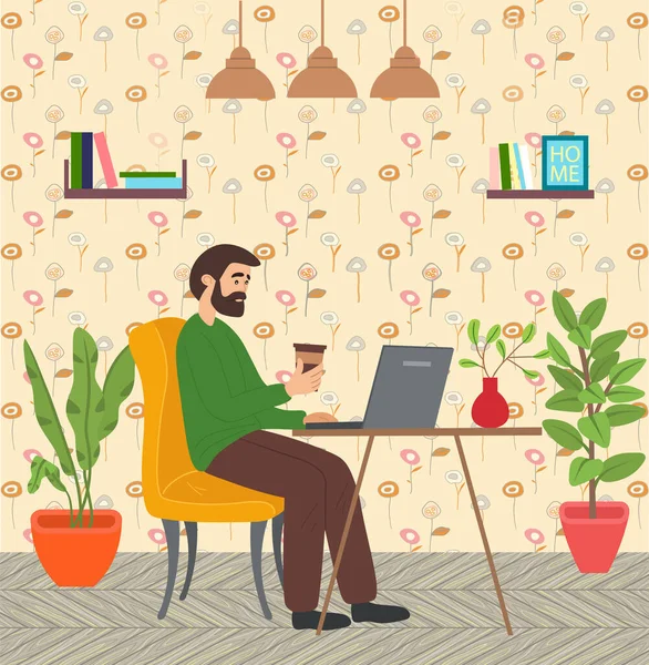 Un homme assis à une table dans la pièce, surfant sur Internet. Communication sur les réseaux sociaux — Image vectorielle
