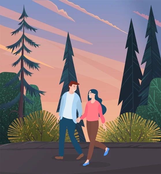 Junge Frau und verliebter Mann, die sich an der Hand halten und draußen auf der Waldstraße spazieren gehen — Stockvektor