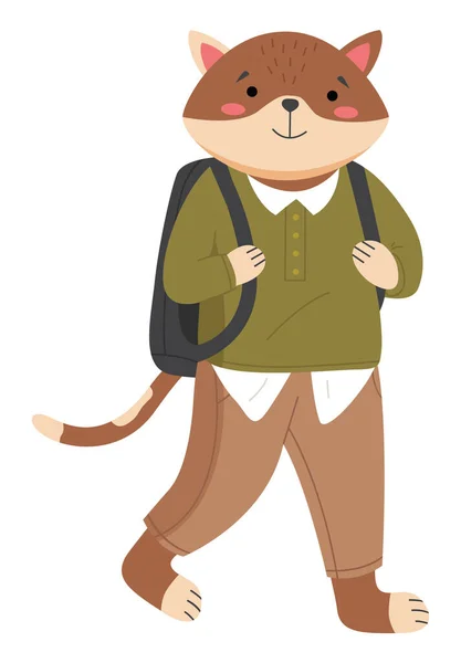 Funny cartoon animal student isolated. A cat schoolboy wearing in school uniform with school bag