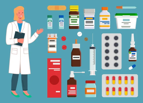 Medicina, farmacia, hospital conjunto de medicamentos en diversas formas. Medicamentos, concepto farmacéutico — Archivo Imágenes Vectoriales