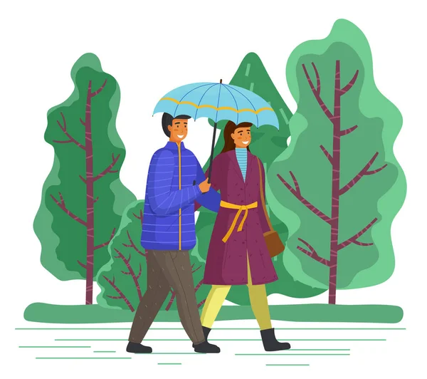 Un par va a llover. Feliz hombre y mujer están caminando en el parque de la ciudad bajo un paraguas juntos — Archivo Imágenes Vectoriales