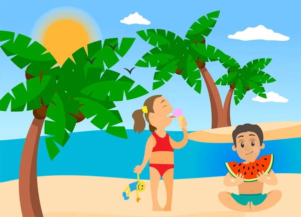 Des enfants qui jouent sur la plage. Vacances d'été, joyeux jeunes enfants mignons mangent pastèque et crème glacée — Image vectorielle