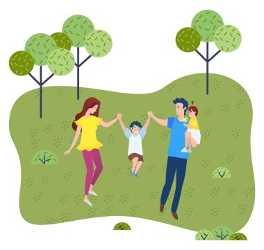 Aile parkta yürüyor. Şehir dışına bir gezi. Çocuklar oynuyorlar. Açık hava aktivitesi. Düz resim