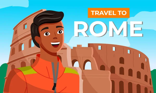 Guy en el telón de fondo del Coliseo Romano, viaje a Italia, un blog de viajes. Imagen de vector plano — Archivo Imágenes Vectoriales