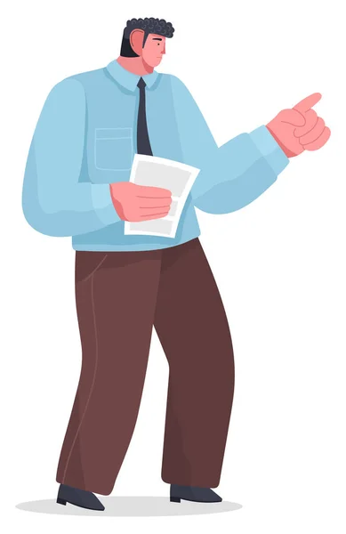 Zeichentrickfigur männlich, Büroangestellte zeigt mit dem Finger oder schimpft auf jemanden. Unfaire Arbeit geleistet. Flachbild — Stockvektor