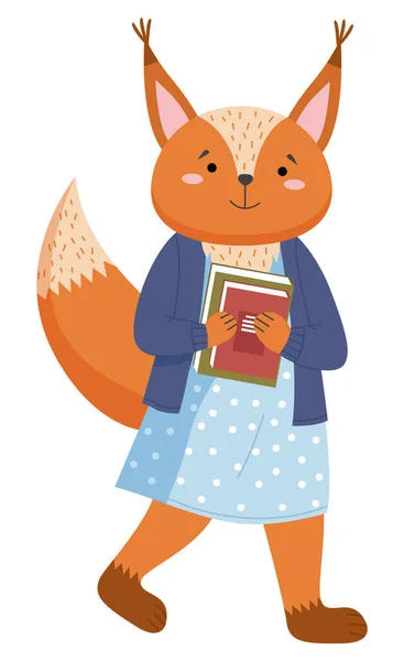 A squirrel schoolgirl with stack of books is standing at full heigth, animal student character — Stock Vector