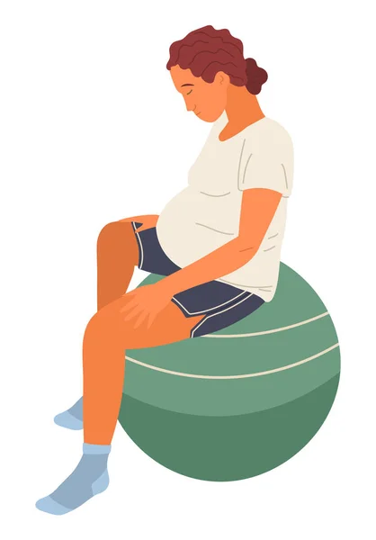 Ciężarna kobieta siedzi na piłce fitness z pochyloną głową. Ćwiczenia relaksacyjne dla kobiet w ciąży — Wektor stockowy