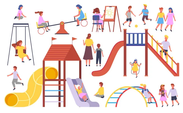Crianças brincando no playground, com bola, pulando corda, carrossel, para cima e para baixo, slide, balançando —  Vetores de Stock