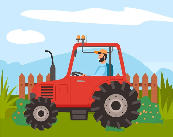 Boer rijdt op tractor. Landelijk hek, gazon, struiken. Landbouw, oogsten. Zelfvoorziening van de landbouwer op de trekker — Stockvector