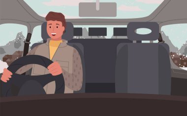 Otomobil Vektöründe Yalnız Erkeğin Kış Yolculuğu
