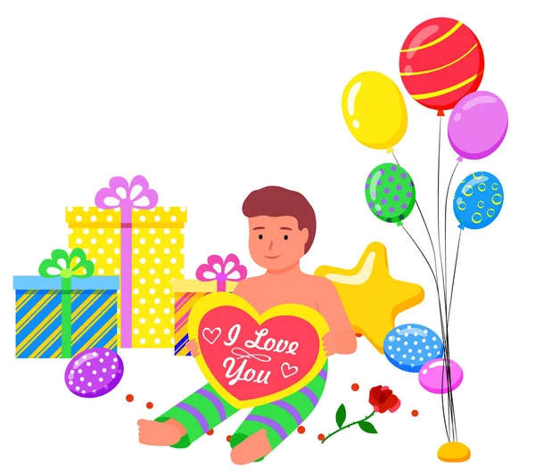 Kid siedzi w fotozonie, balony i prezenty — Wektor stockowy