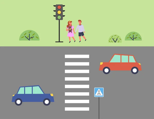 Calle y carretera de la ciudad, los niños se preparan para cruzar la calle, ilustración plana al aire libre vector — Vector de stock