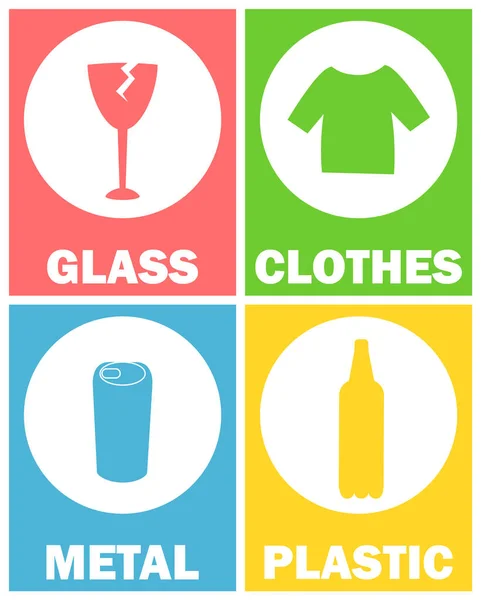 Señales de clasificación de vidrio y ropa, metal y plástico — Vector de stock