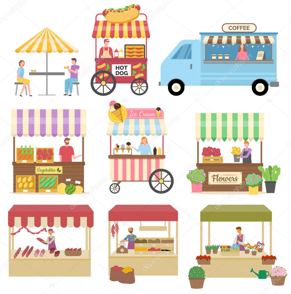 Stalls and Kiosk with Hot Dogs, Ice Cream Spices