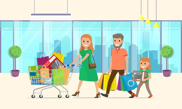 Family buys lot of goods. Woman rolls shopping cart, man and girl carry shopping. Storefronts — Stock Vector
