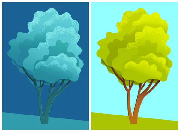 Bladverliezende boom met weelderige kroon op de achtergrond van weide of veld, het beeld van boom dag en nacht — Stockvector