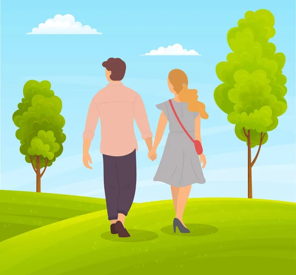 两个女孩和一个微笑的男人在公园或乡间散步，人们手牵着手在大自然中漫步 — 图库矢量图片
