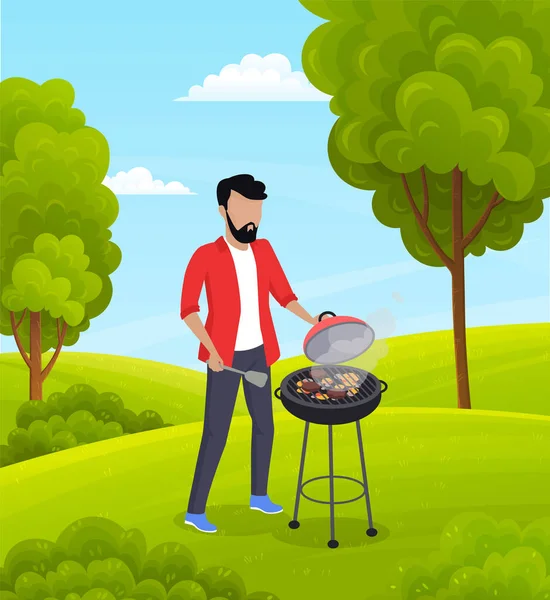 Jongeman is barbecue aan het koken. Groen landschap, bomen, grassen, heldere lucht, platteland. Vlakke constructie — Stockvector