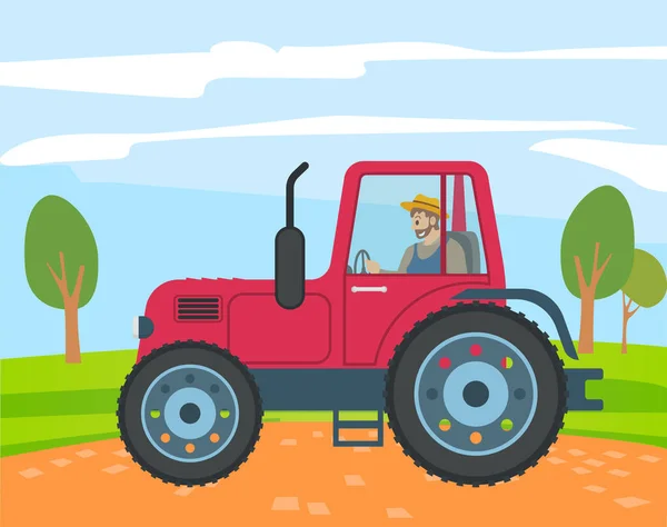Farmář jezdí na červeném zemědělském stroji. Pěstovat půdu, pěstovat zeleninu. Zemědělské vozidlo — Stockový vektor