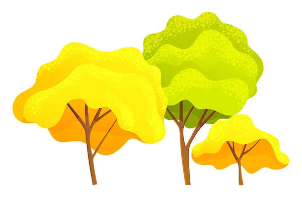 Podzimní strom, různé velikosti a tvoří stromy se zelenými, oranžovými, žlutými listy, podzimními symboly — Stockový vektor