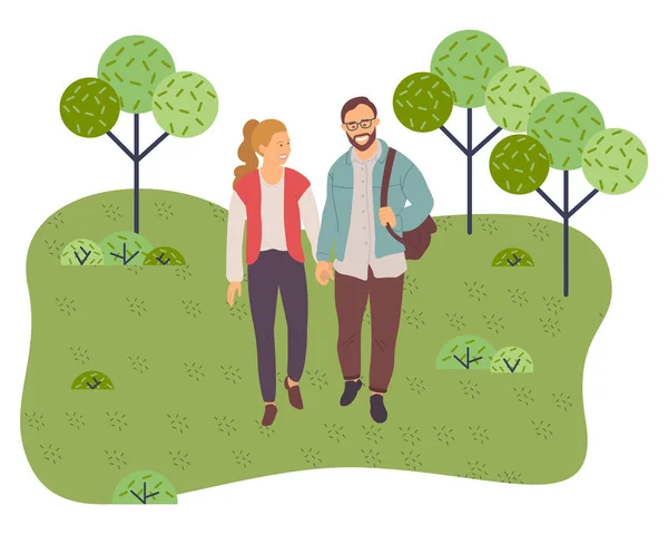 Pareja caminando en un parque. Hombre y mujer jóvenes tomados de la mano caminando en el jardín de verano, paseo romántico — Vector de stock