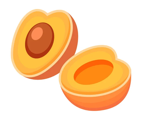 Aprikose oder Pfirsich-Symbol. Frisches Obst auf weißem Hintergrund. Gesunde Ernährung. Halber Pfirsich mit Knochenschnitt — Stockvektor