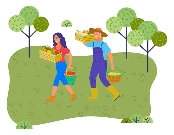 Agriculteurs femmes et hommes avec récolte en boîtes et paniers. Travailleurs jardiniers avec des trucs de jardin d'automne — Image vectorielle