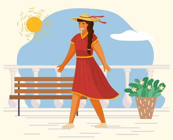 Mladá veselá žena kráčí po bílém nábřeží. Elegantní hezká dívka na terase s lavičkou — Stockový vektor