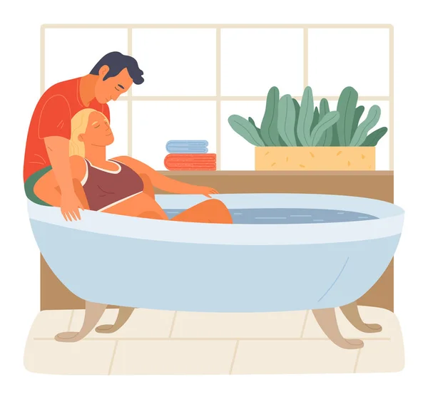 Preparación para el embarazo, nacimiento conjunto de esposa y marido. Mujer embarazada dando a luz natural en una bañera — Vector de stock