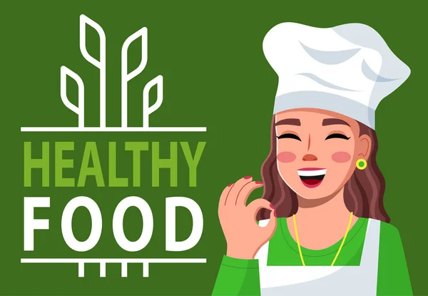 Cartel motivacional de comida saludable con frase de letras sobre fondo verde y cocinera joven — Vector de stock