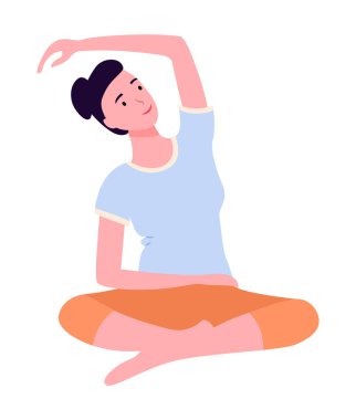 Genç kadın sakin ol, yoga yap, esneme egzersizleri yap, yan yatıp kendini beyazlara bırak.