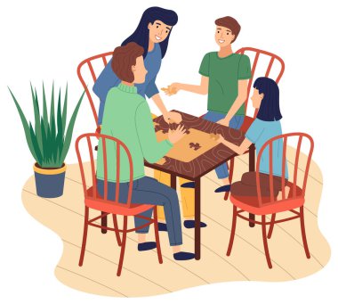 Mutlu aile evde vakit geçiriyor, insanlar bulmaca parçalarını birleştiriyor, anne, baba, oğul, kız.