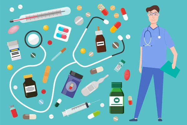 Medicina, farmácia, conjunto hospitalar de medicamentos em várias formas. Medicação, conceito farmacêutico —  Vetores de Stock