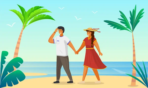 Pareja caminando en la orilla del mar, hombre y mujer tomados de la mano caminando en la orilla arenosa con palmeras — Vector de stock