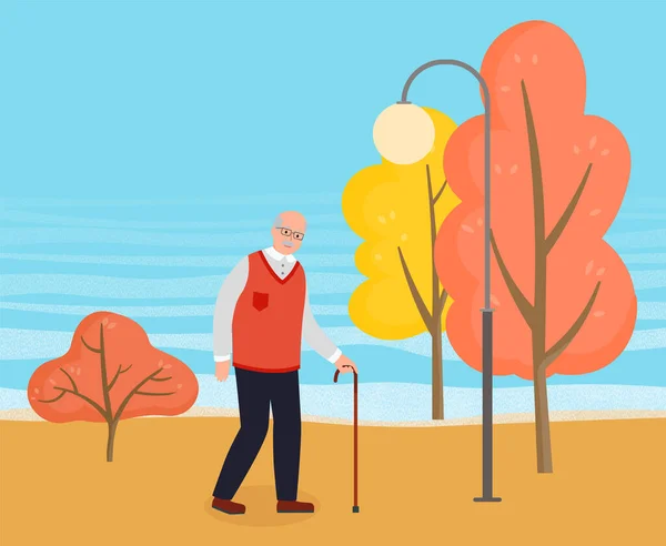 Öreg vektor illusztráció. Egy idős férfi szemüveggel és sétapálcával az őszi városi parkban. — Stock Vector