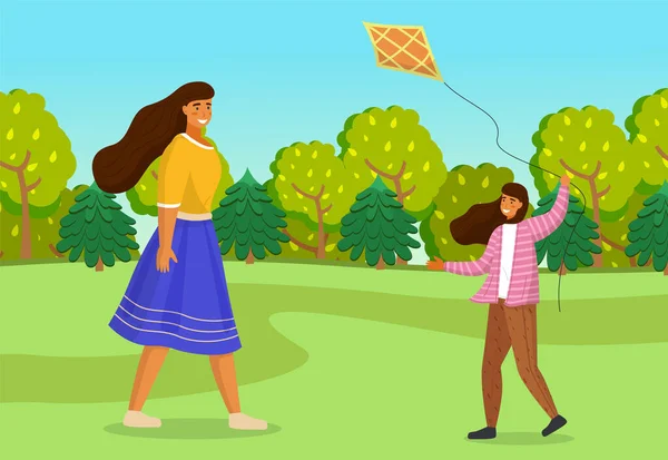 Šťastná rodina matka a dcera s drakem procházky v parku venku společně mimo město — Stockový vektor
