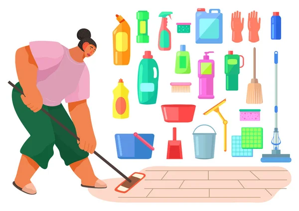 Cleaning at home. Large set of home cleaning items, mop, washcloth, achemical liquid, woman washes floor — Stock Vector