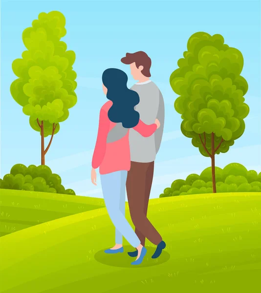 Pareja de chica y chico sonriente caminando en el parque o el campo, la gente camina en la naturaleza tomados de la mano — Archivo Imágenes Vectoriales