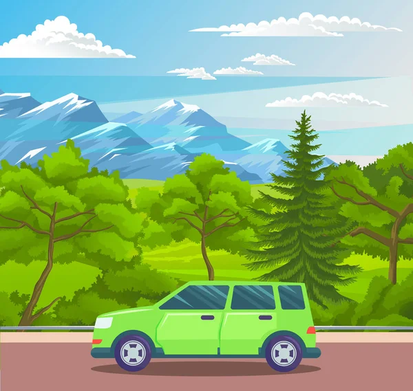 Zielony samochód na drodze w tle gór, podróże samochodem, czas letni, zielony charakter — Wektor stockowy