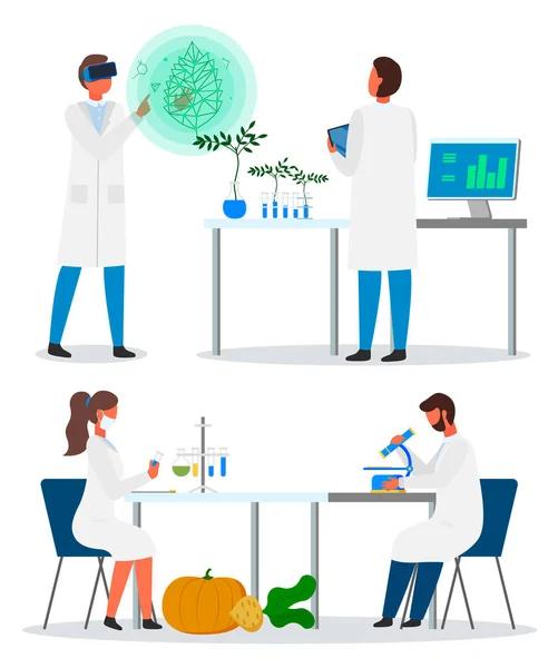 Conjunto de ilustraciones, ingenieros haciendo experimentos de laboratorio con plantas reproductoras, biotecnología — Archivo Imágenes Vectoriales