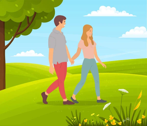 Pareja de chica y chico sonriente caminando en el parque o el campo, la gente camina en la naturaleza tomados de la mano — Archivo Imágenes Vectoriales