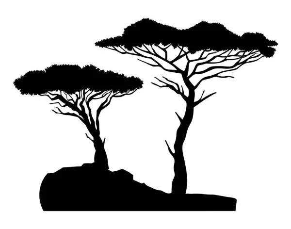 Чорний силует двох дерев баобаб з кущем, проста растрова ікона, концепція природи, чорна рослина — стоковий вектор