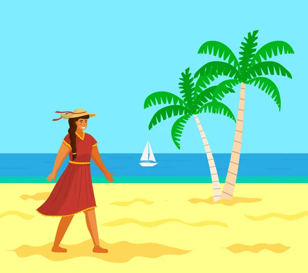 Joven chica bronceada de pelo largo en vestido rojo, sombrero de ala ancha con cintas voladoras caminando en la playa — Archivo Imágenes Vectoriales