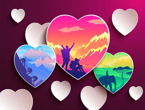 Les gens aiment voyager, formes de coeur avec des silhouettes de touristes, randonnée, montagne, équitation éléphant — Image vectorielle