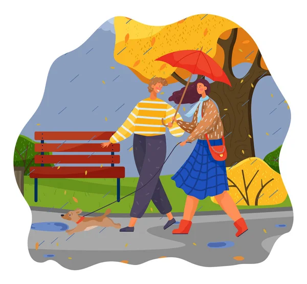 Autumn, couple of happy girl and guy with umbrella walking in park under rain with dog at leash — Stock Vector