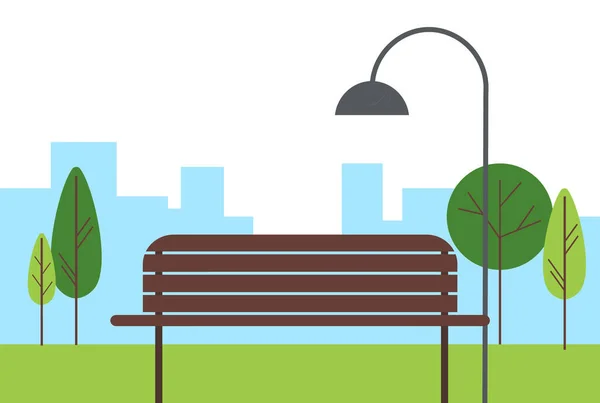 Parque verde da cidade, banco, lâmpada de rua, árvores. Edifícios ao fundo. Ilustração plana —  Vetores de Stock
