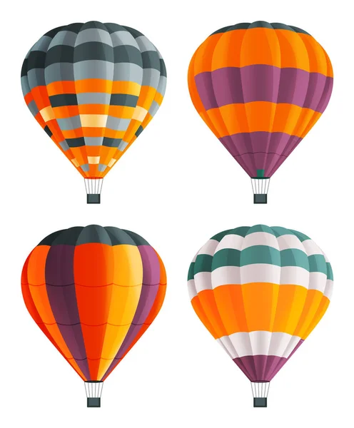 Set van vier kleurrijke heteluchtballonnen. Vliegtuigen, aerostat, drijvende luchtige machine. Vlakke afbeelding — Stockvector